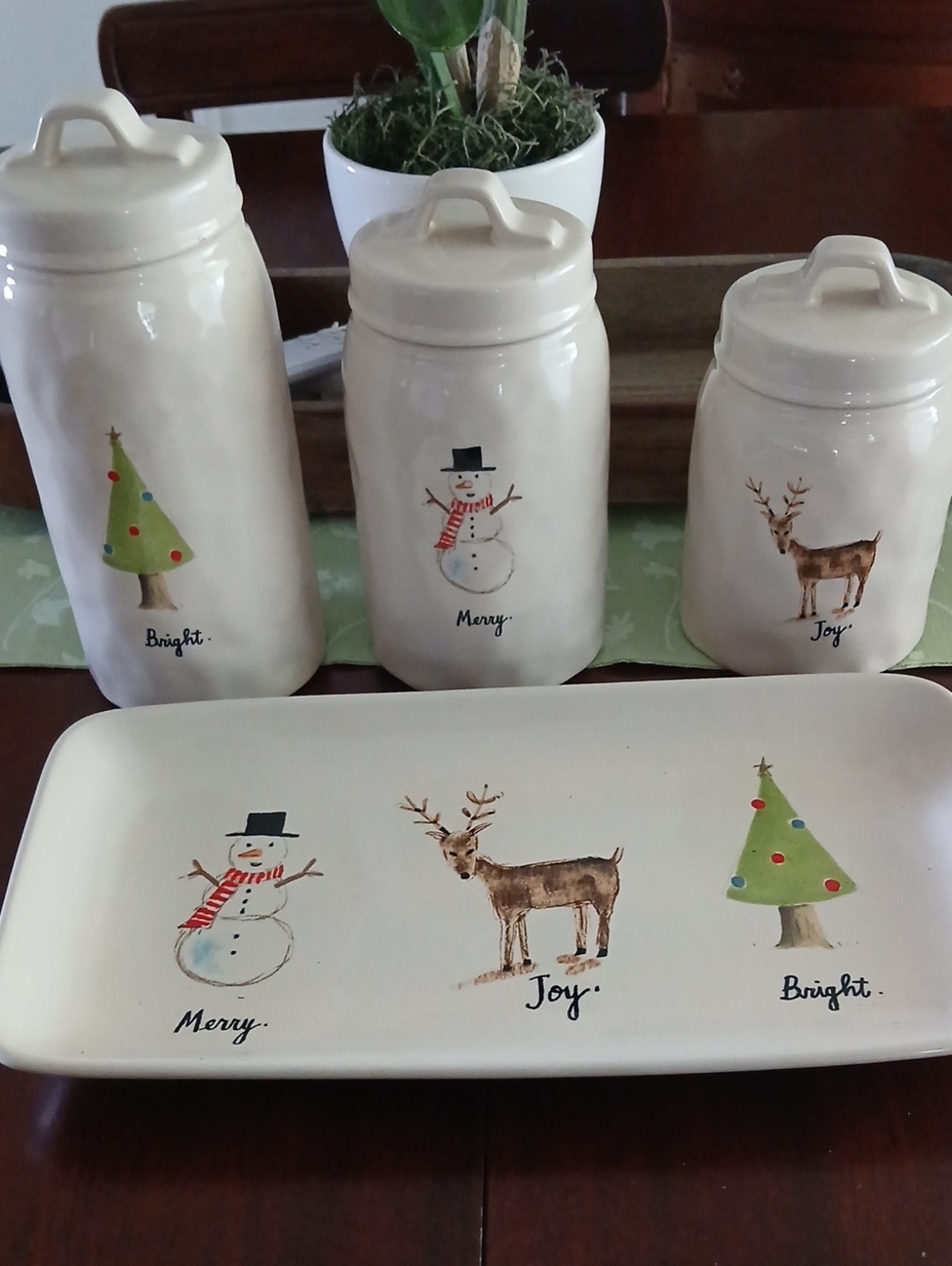 Holiday Ceramic Canister Set and Serving Platter - Snowman, Reindeer, Tree